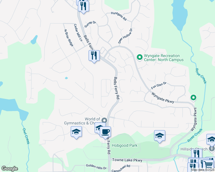 map of restaurants, bars, coffee shops, grocery stores, and more near 410 Belmont Way in Woodstock