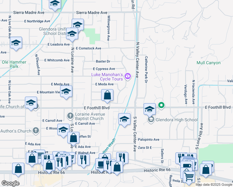 map of restaurants, bars, coffee shops, grocery stores, and more near 153 Underhill Drive in Glendora