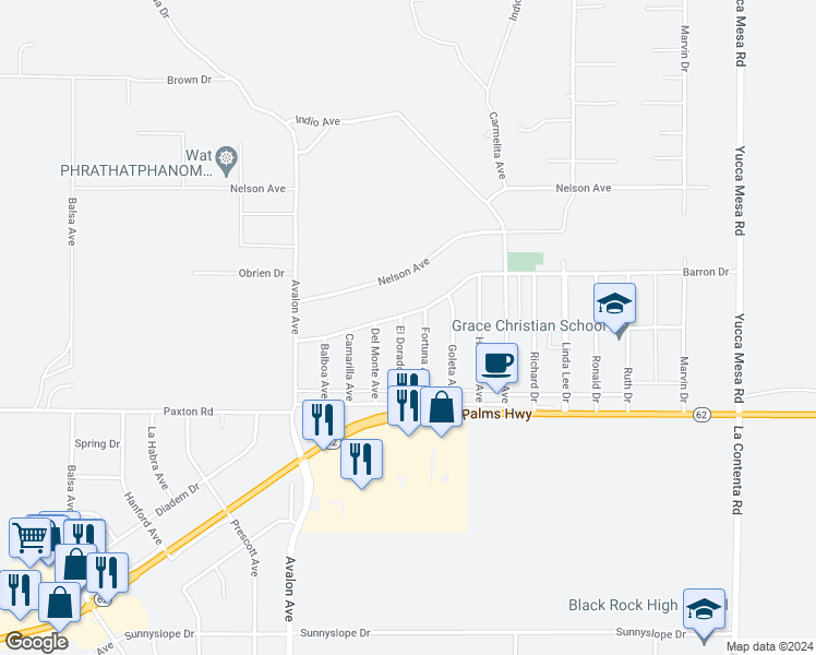 map of restaurants, bars, coffee shops, grocery stores, and more near 6347 El Dorado Avenue in Yucca Valley