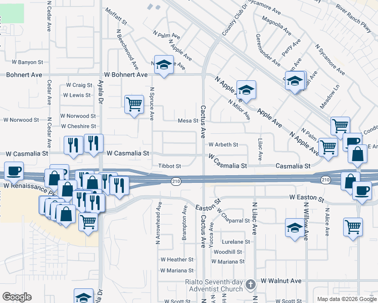 map of restaurants, bars, coffee shops, grocery stores, and more near 19244 Casmalia Street in Rialto