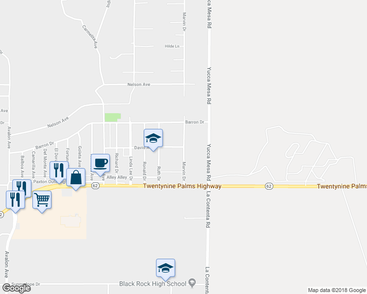 map of restaurants, bars, coffee shops, grocery stores, and more near Marvin Drive & David Avenue in Yucca Valley
