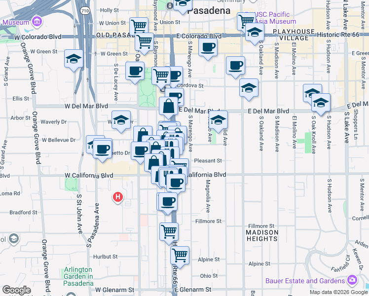 map of restaurants, bars, coffee shops, grocery stores, and more near 457 South Marengo Avenue in Pasadena