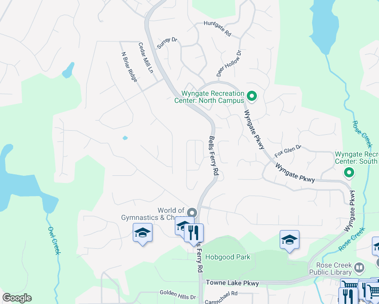 map of restaurants, bars, coffee shops, grocery stores, and more near 233 Ascott Lane in Woodstock