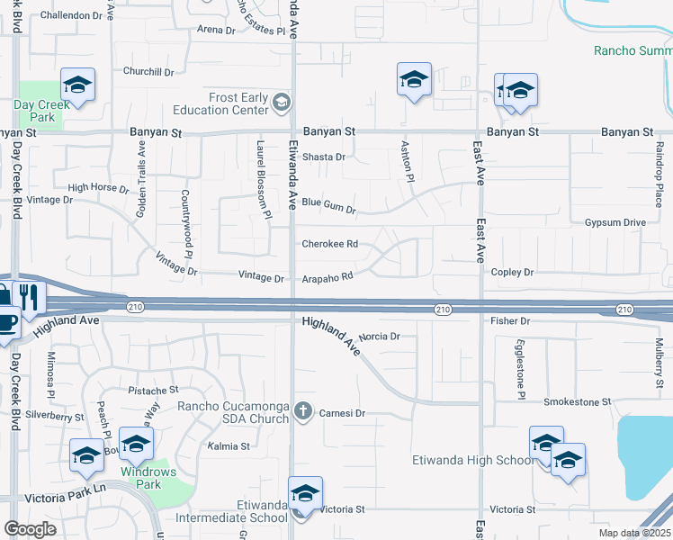 map of restaurants, bars, coffee shops, grocery stores, and more near 12982 Arapaho Road in Rancho Cucamonga