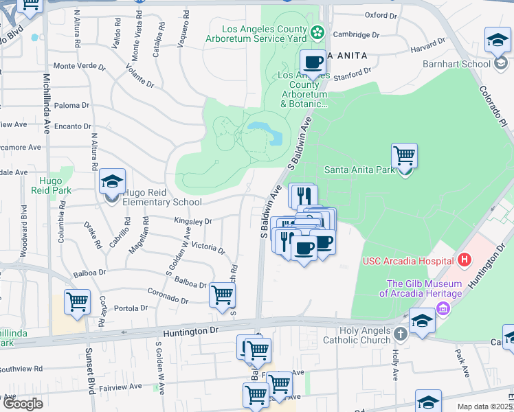 map of restaurants, bars, coffee shops, grocery stores, and more near 211 South Baldwin Avenue in Arcadia