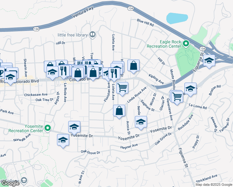 map of restaurants, bars, coffee shops, grocery stores, and more near 5013 Hartwick Street in Los Angeles
