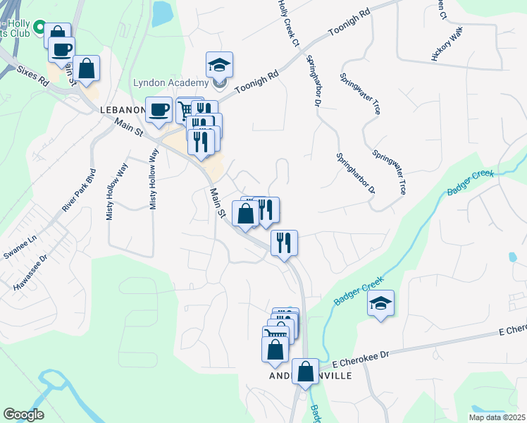 map of restaurants, bars, coffee shops, grocery stores, and more near 260 Fox Creek Boulevard in Woodstock