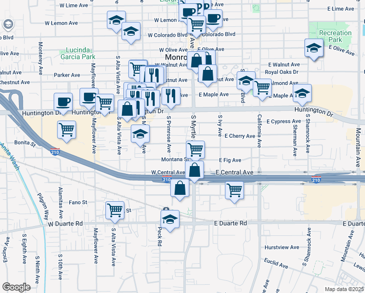 map of restaurants, bars, coffee shops, grocery stores, and more near 124 West Cherry Avenue in Monrovia