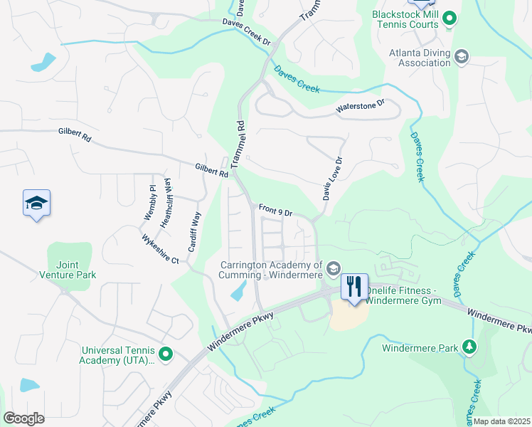 map of restaurants, bars, coffee shops, grocery stores, and more near 6775 Marlow Drive in Cumming