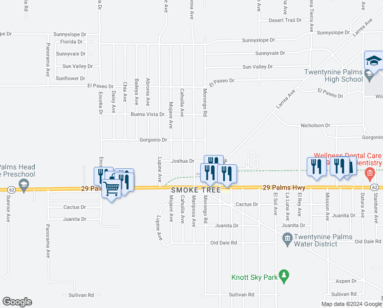 map of restaurants, bars, coffee shops, grocery stores, and more near 6350 Mariposa Avenue in Twentynine Palms