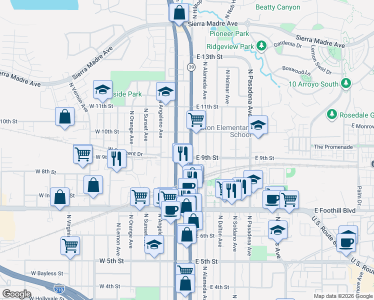 map of restaurants, bars, coffee shops, grocery stores, and more near 915 North Pasadena Avenue in Azusa