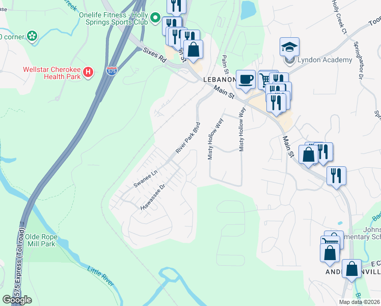 map of restaurants, bars, coffee shops, grocery stores, and more near 518 Ridge View Crossing in Woodstock