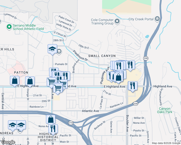 map of restaurants, bars, coffee shops, grocery stores, and more near 2327 Cienega Drive in Highland
