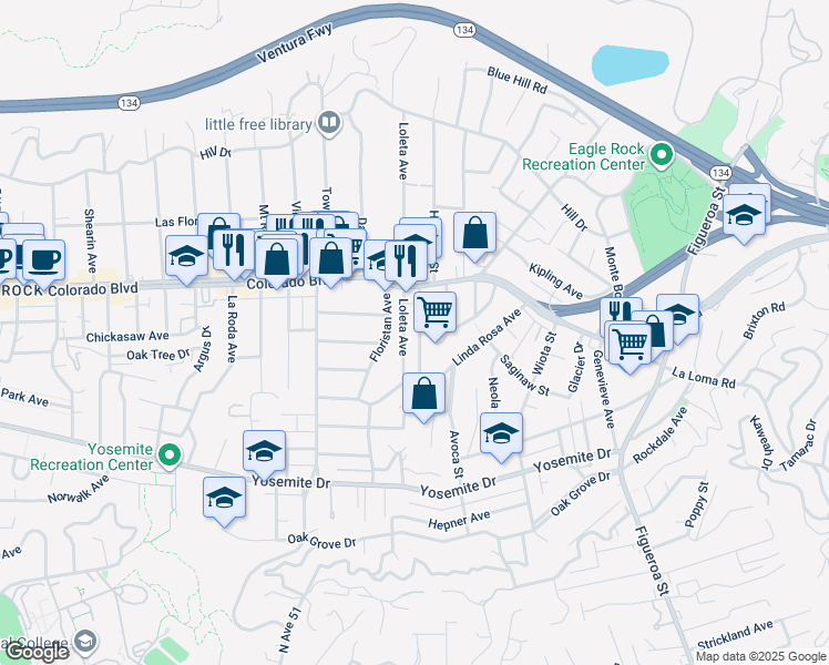 map of restaurants, bars, coffee shops, grocery stores, and more near 5013 Hartwick Street in Los Angeles