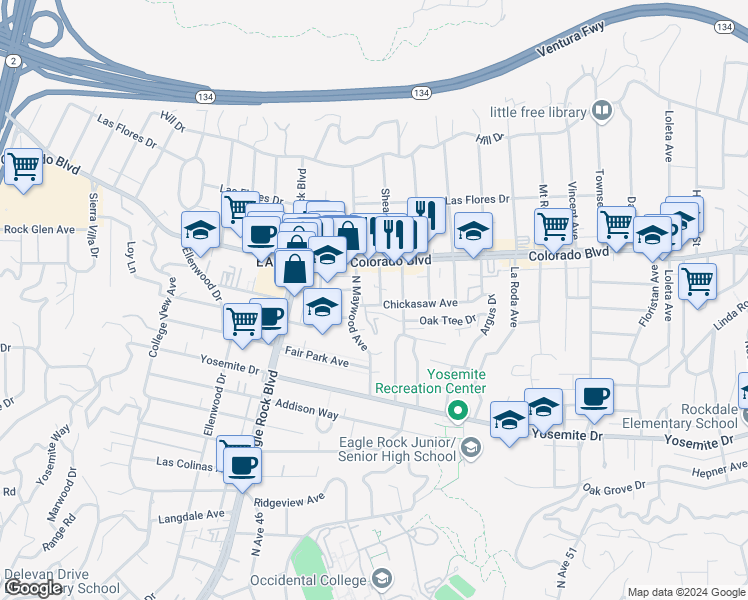 map of restaurants, bars, coffee shops, grocery stores, and more near 5055 Shearin Avenue in Los Angeles