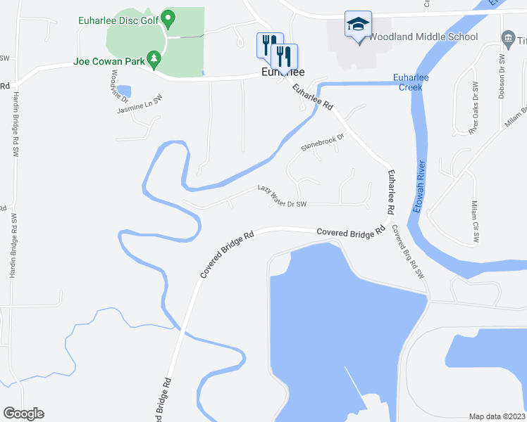 map of restaurants, bars, coffee shops, grocery stores, and more near 14 Brook Knoll Court Southwest in Cartersville