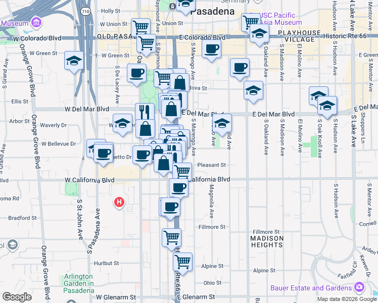 map of restaurants, bars, coffee shops, grocery stores, and more near 457 South Marengo Avenue in Pasadena
