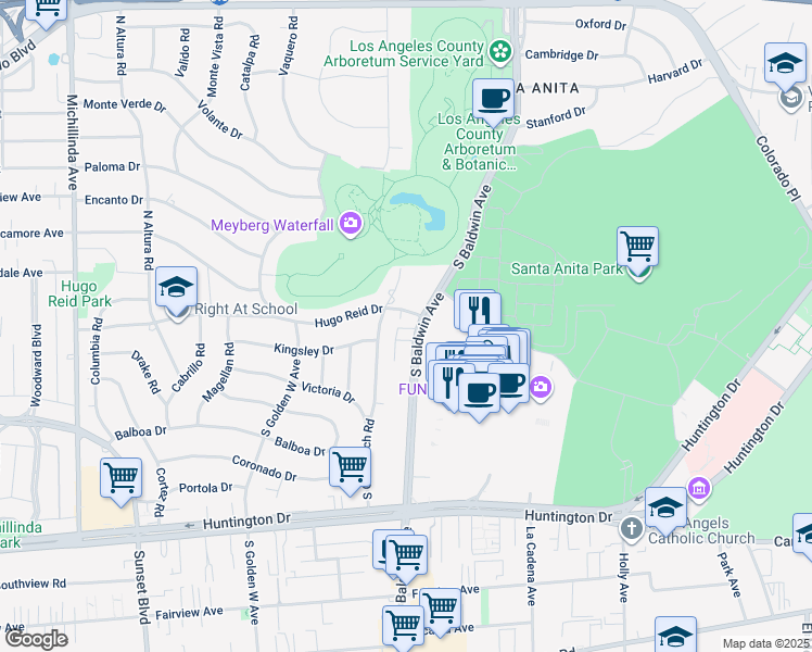 map of restaurants, bars, coffee shops, grocery stores, and more near 211 South Baldwin Avenue in Arcadia