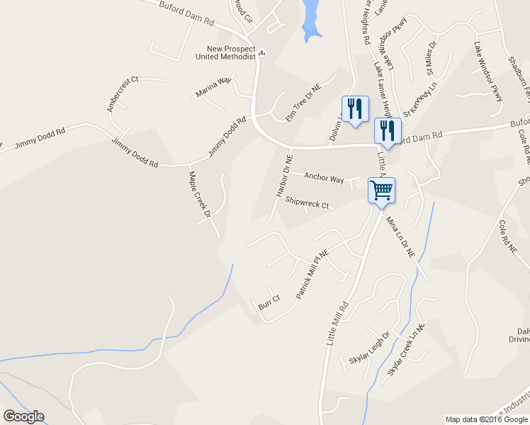 map of restaurants, bars, coffee shops, grocery stores, and more near 5742 Harbor Drive Northeast in Buford