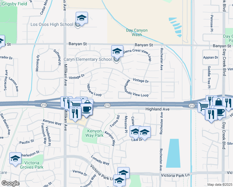 map of restaurants, bars, coffee shops, grocery stores, and more near 6410 Mount Bend Place in Rancho Cucamonga