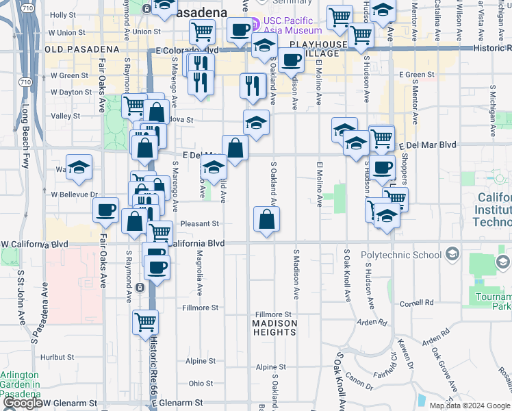 map of restaurants, bars, coffee shops, grocery stores, and more near 470 South Los Robles Avenue in Pasadena