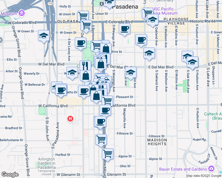 map of restaurants, bars, coffee shops, grocery stores, and more near 457 South Marengo Avenue in Pasadena