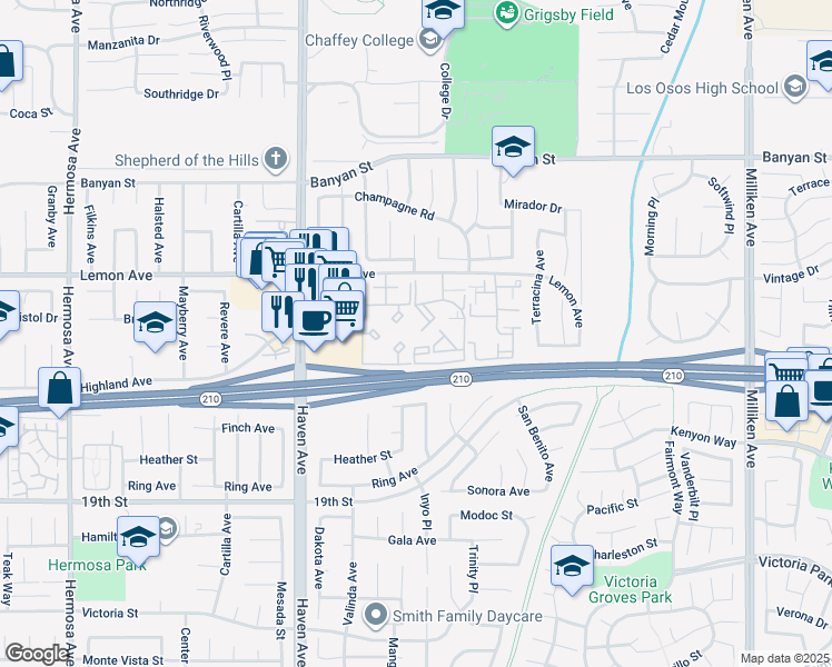 map of restaurants, bars, coffee shops, grocery stores, and more near 10655 Lemon Avenue in Rancho Cucamonga