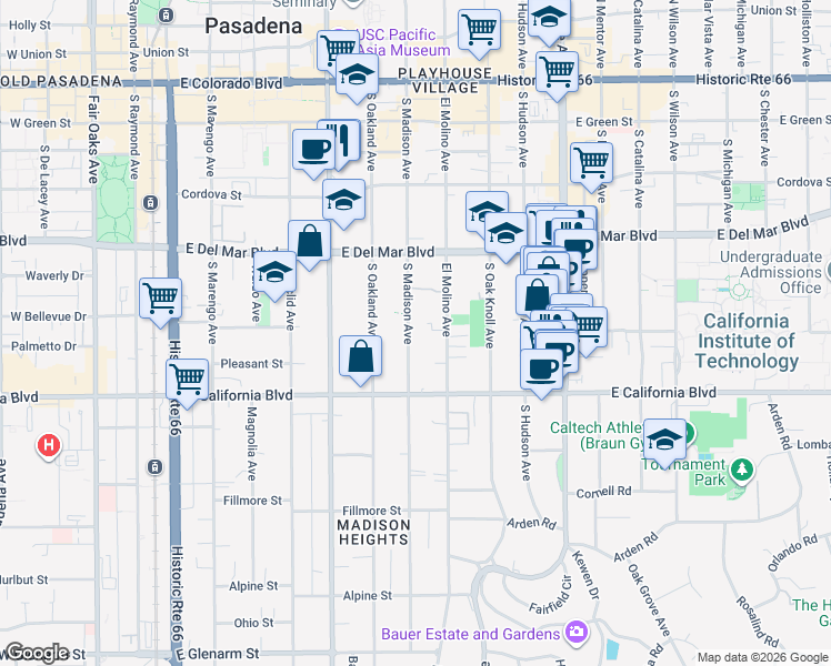 map of restaurants, bars, coffee shops, grocery stores, and more near 460 South Madison Avenue in Pasadena