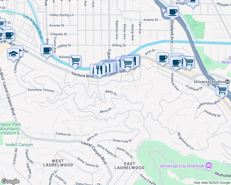 map of restaurants, bars, coffee shops, grocery stores, and more near 11400 Sunshine Terrace in Los Angeles