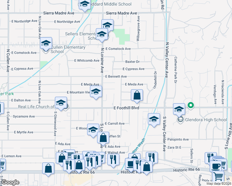 map of restaurants, bars, coffee shops, grocery stores, and more near 156 Pflueger Avenue in Glendora