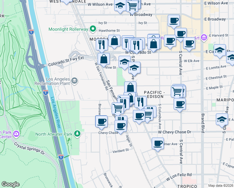 map of restaurants, bars, coffee shops, grocery stores, and more near 4718 San Fernando Road in Glendale