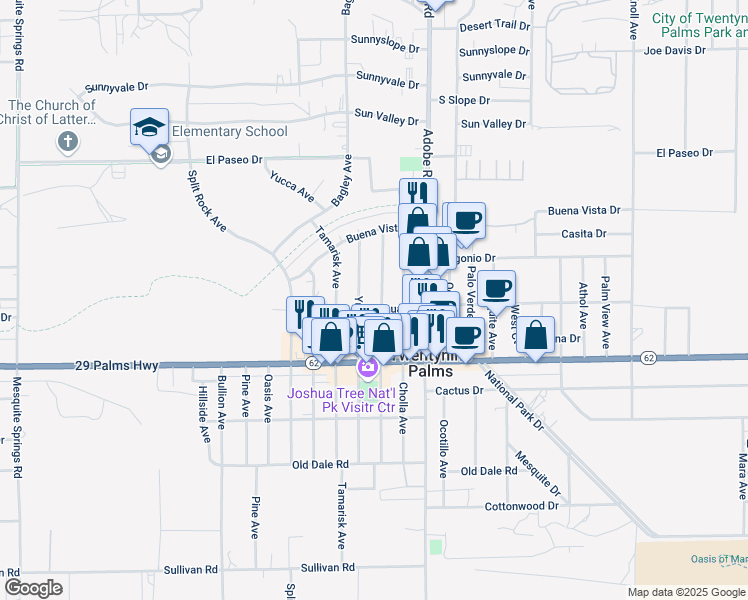 map of restaurants, bars, coffee shops, grocery stores, and more near 6352 Smoketree Avenue in Twentynine Palms