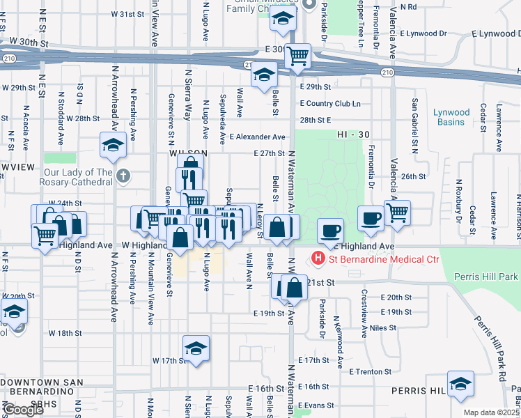 map of restaurants, bars, coffee shops, grocery stores, and more near 2455 North Leroy Street in San Bernardino
