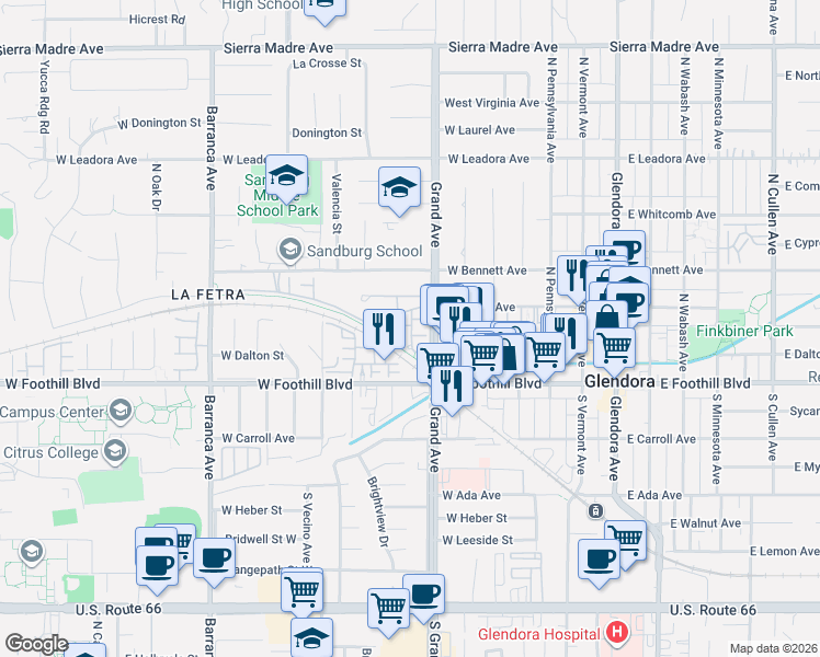 map of restaurants, bars, coffee shops, grocery stores, and more near 222 Martindale Way in Glendora