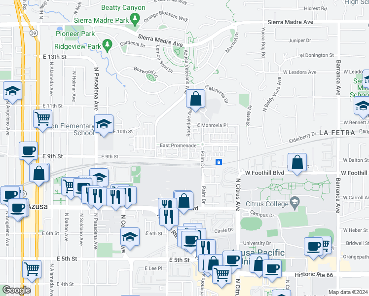 map of restaurants, bars, coffee shops, grocery stores, and more near 955 North Sweetbriar Lane in Azusa