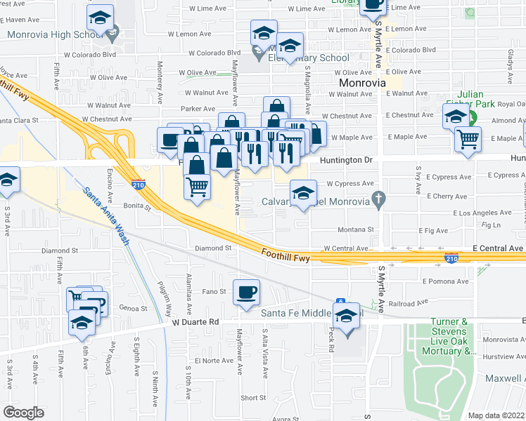 map of restaurants, bars, coffee shops, grocery stores, and more near 1219 South Alta Vista Avenue in Monrovia