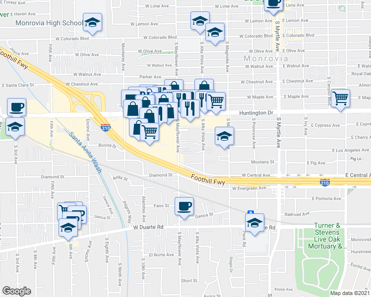 map of restaurants, bars, coffee shops, grocery stores, and more near 1216 Mayflower Avenue in Monrovia