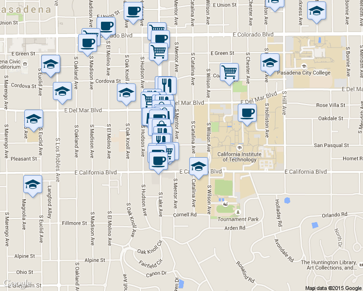 map of restaurants, bars, coffee shops, grocery stores, and more near 441 South Mentor Avenue in Pasadena