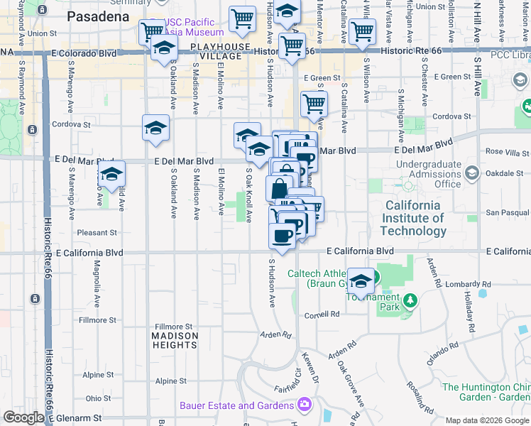 map of restaurants, bars, coffee shops, grocery stores, and more near 415 South Hudson Avenue in Pasadena