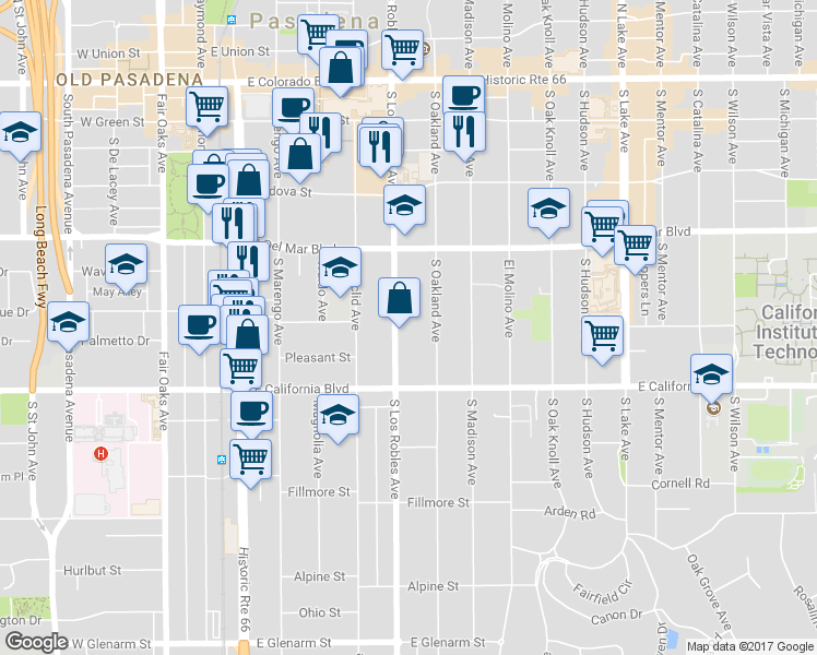 map of restaurants, bars, coffee shops, grocery stores, and more near 425 South Los Robles Avenue in Pasadena