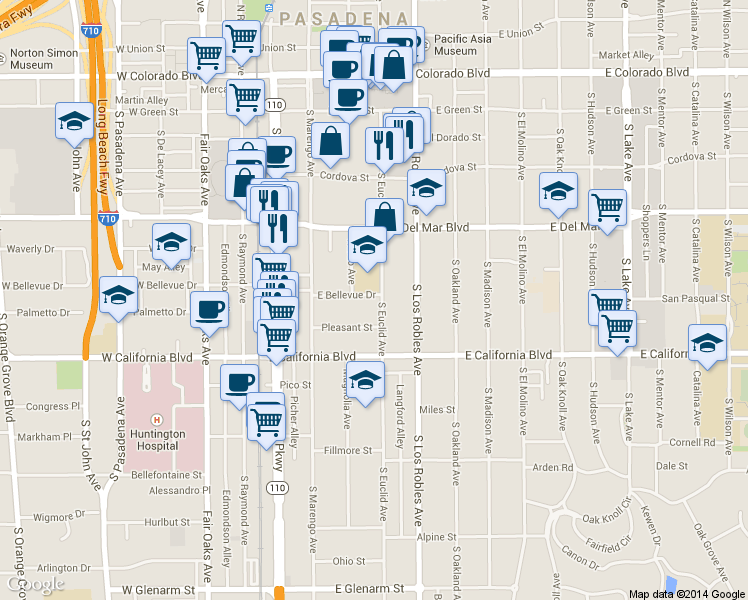 map of restaurants, bars, coffee shops, grocery stores, and more near 415 South Euclid Avenue in Pasadena