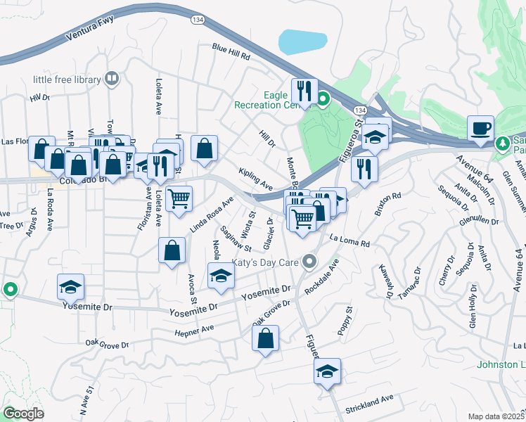 map of restaurants, bars, coffee shops, grocery stores, and more near 12-07 Colorado Boulevard in Los Angeles