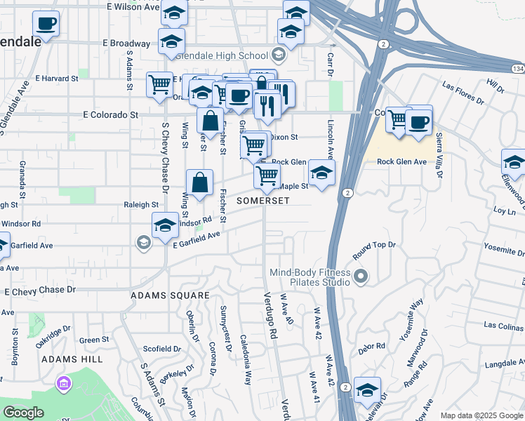 map of restaurants, bars, coffee shops, grocery stores, and more near in Glendale