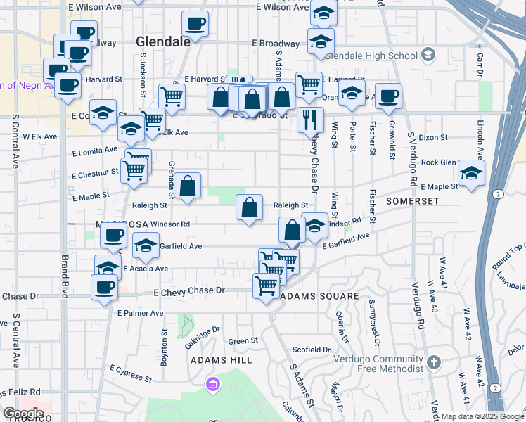 map of restaurants, bars, coffee shops, grocery stores, and more near 905 Raleigh Street in Glendale