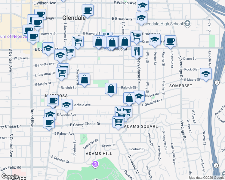 map of restaurants, bars, coffee shops, grocery stores, and more near 905 Raleigh Street in Glendale