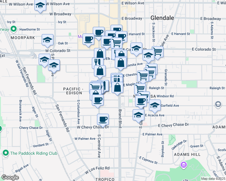 map of restaurants, bars, coffee shops, grocery stores, and more near in Glendale