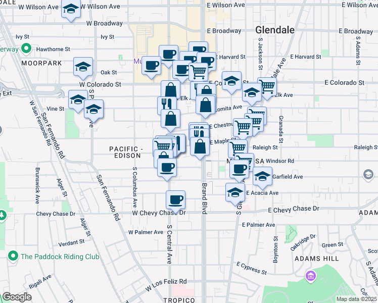 map of restaurants, bars, coffee shops, grocery stores, and more near in Glendale