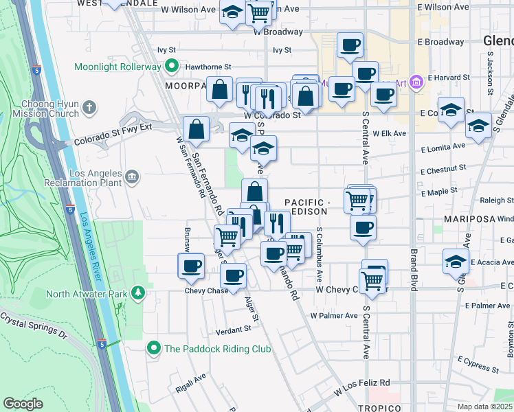 map of restaurants, bars, coffee shops, grocery stores, and more near 500 Riverdale Drive in Glendale