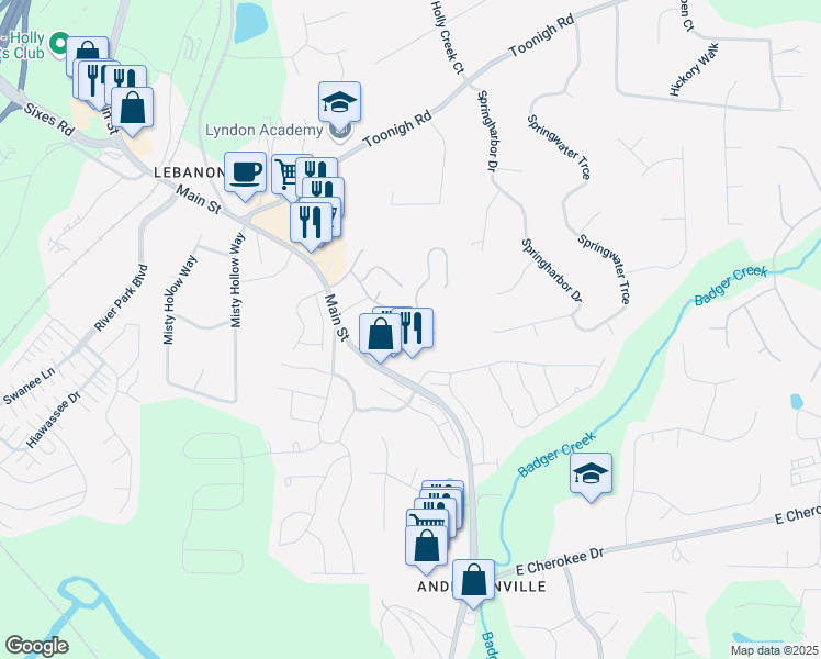 map of restaurants, bars, coffee shops, grocery stores, and more near 260 Fox Creek Boulevard in Woodstock