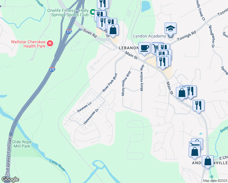 map of restaurants, bars, coffee shops, grocery stores, and more near 529 Ridge View Crossing in Woodstock